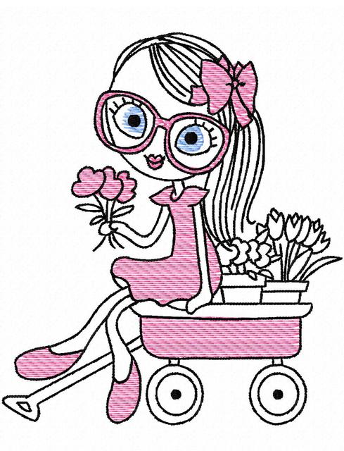 489x640 Swirly Girl Spring With Wagon Of Flowers Sketch Embroidery Design - Spring Flowers Sketch