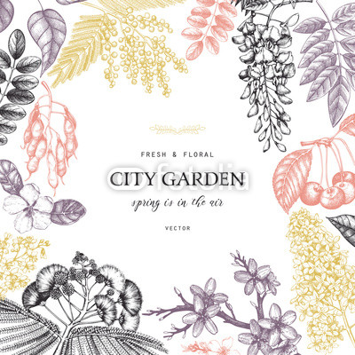 400x400 Vector Card Design With Hand Drawn Blossoming Trees Illustration - Spring Flowers Sketch