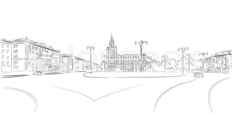 800x400 Town Square And Historic Building Contour Sketch Stock Vector - Square Sketch