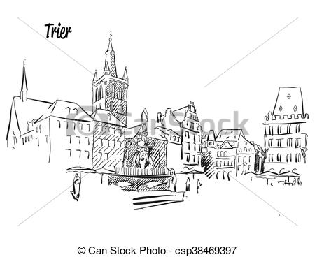 450x368 Trier Market Square Outline Sketch, Hand Drawn Vector Artwork. - Square Sketch