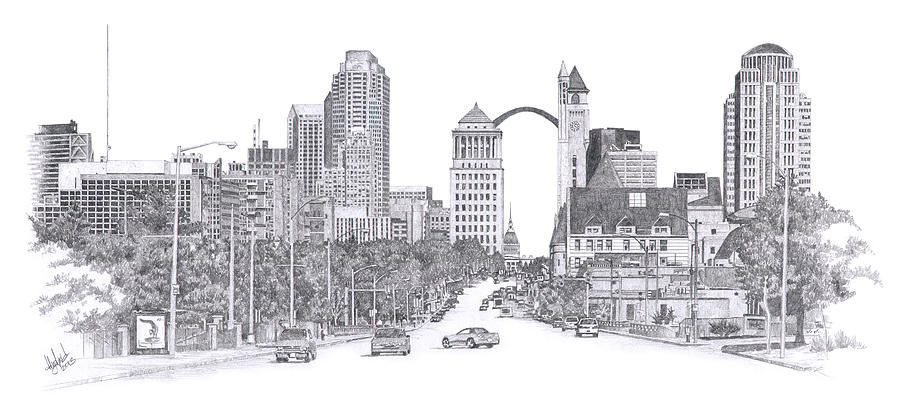 900x416 St Louis Skyline Drawing By Andrew Aagard - St Louis Skyline Sketch