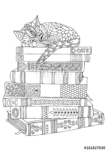 354x500 Kitty Sleeps On A Stack Of Books. Hand Drawn Picture. Sketch For - Stack Of Books Sketch