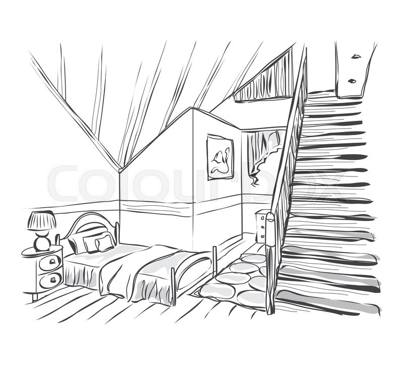 800x724 Modern Interior Room Sketch With Stairs. Baby Room. Stock Vector - Stairs Sketch