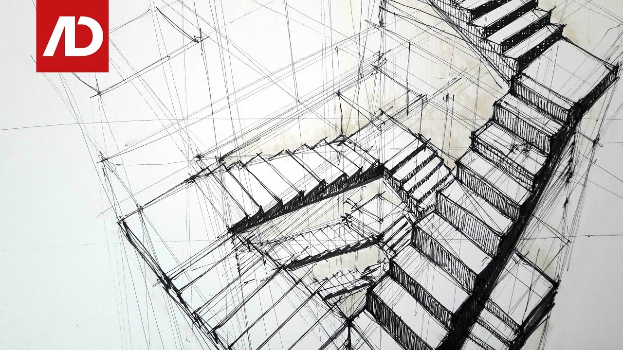 1280x720 Drawing Stairs Composition In Three Points Perspective Daily - Stairs Sketch