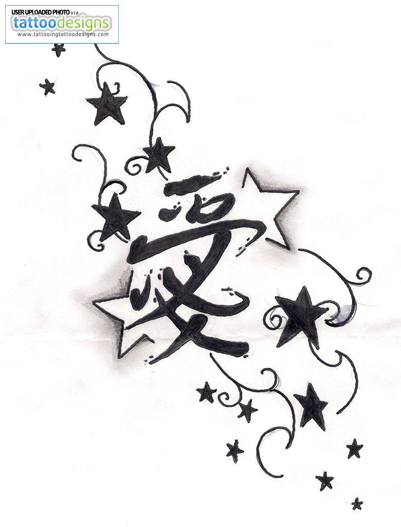 780x1025 Swirly Stars And Japanese Letters Tattoo Sketch Design - Star Tattoo Sketch
