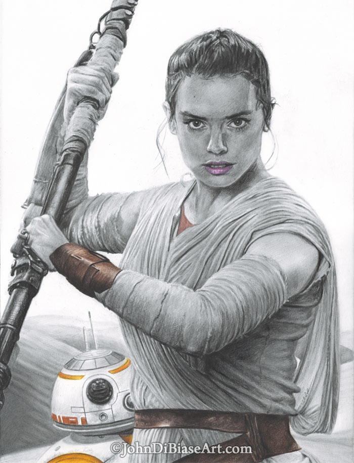 700x916 Rey Pencil Drawing With Colored And Bb 8 - Star Wars Pencil Sketch
