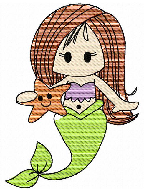 489x640 Mermaid With Starfish Sketch Embroidery Design - Starfish Sketch