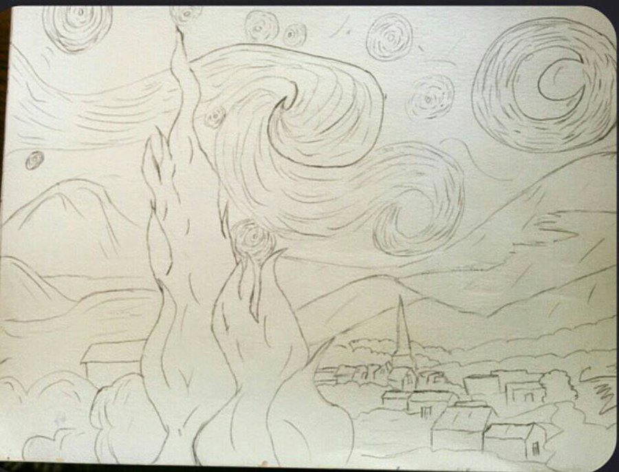 900x686 Starry Night Sketch By Jessiyvonne - Starry Night Sketch