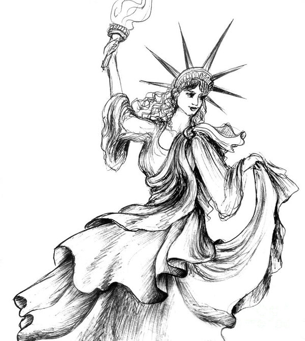 599x669 Dancing Lady Liberty Art Print By Sofia Metal Queen - Statue Of Liberty Sketch