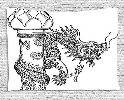 425x345 Ambesonne Dragon Tapestry, Chinese Style Sacred - Statue Sketch