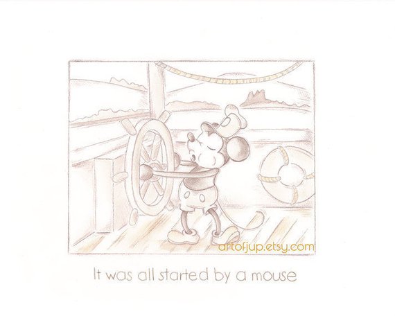 570x456 Mickey Mouse Steamboat Willie Print Home Decor Watercolor Etsy - Steamboat Willie Sketch