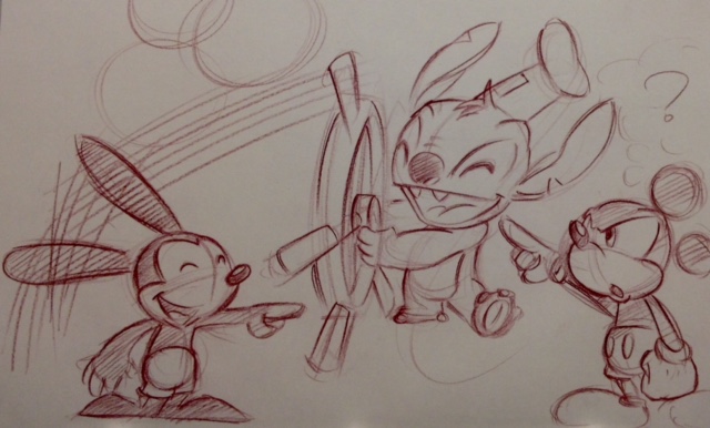 640x386 Patrick The Artist Oswald, Mickey Mouse And Stitch - Steamboat Willie Sketch