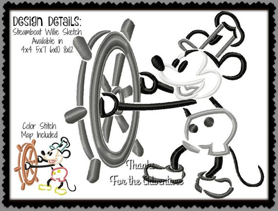 570x433 Steamboat Willie Mickey Mouse Sketch Digital Embroidery Etsy - Steamboat Willie Sketch