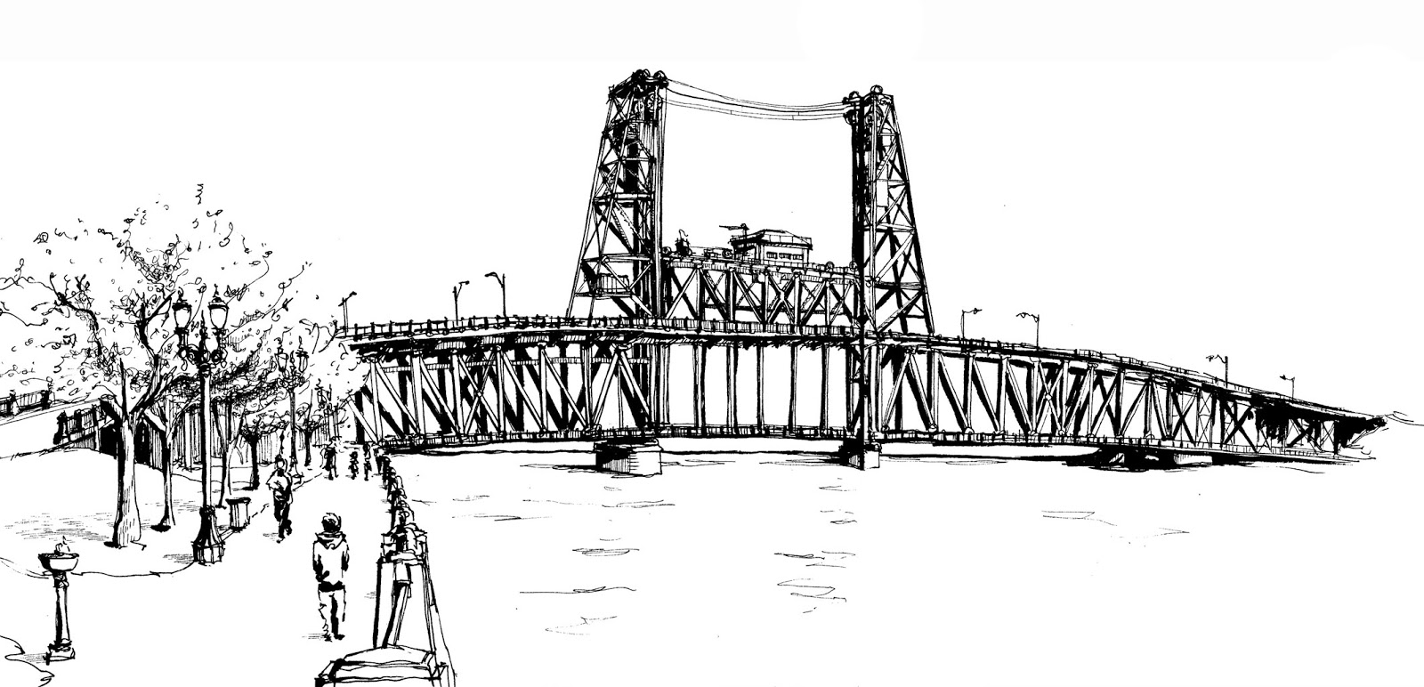 1600x772 Urban Sketchers Portland Cherry Blossoms And The Steel Bridge - Steel Sketch