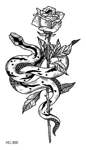 283x496 Water Transfer Fake Tattoo Sticker Sketch Rose Flower Snake Tattoo - Sticker Sketch