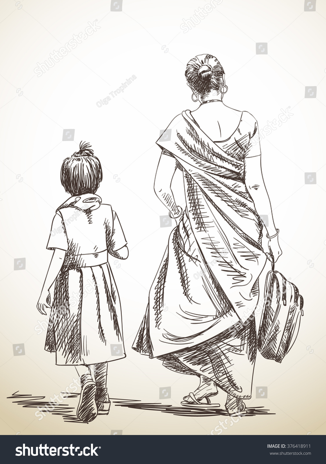 1125x1600 Sketches Of Mother And Girl Sketch Walking Mother Daughter School - Stock Sketches