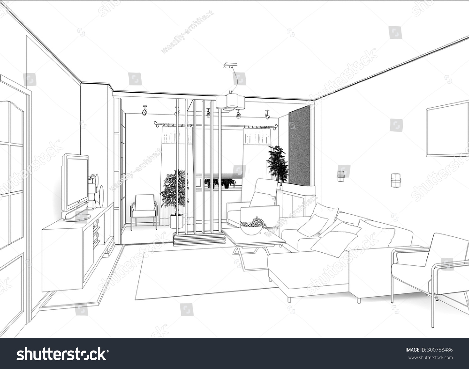 1500x1183 Drawing Rooms 3d Sketches Living Room Landscape View 3 D Interior - Stock Sketches