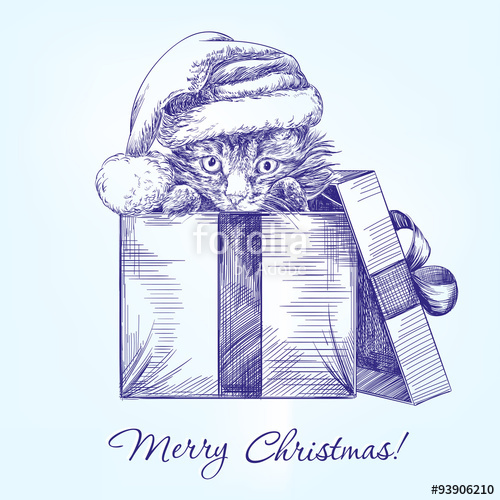 500x500 Christmas Kitten In Santa Stocking Hat Hand Drawn Vector - Stocking Sketch