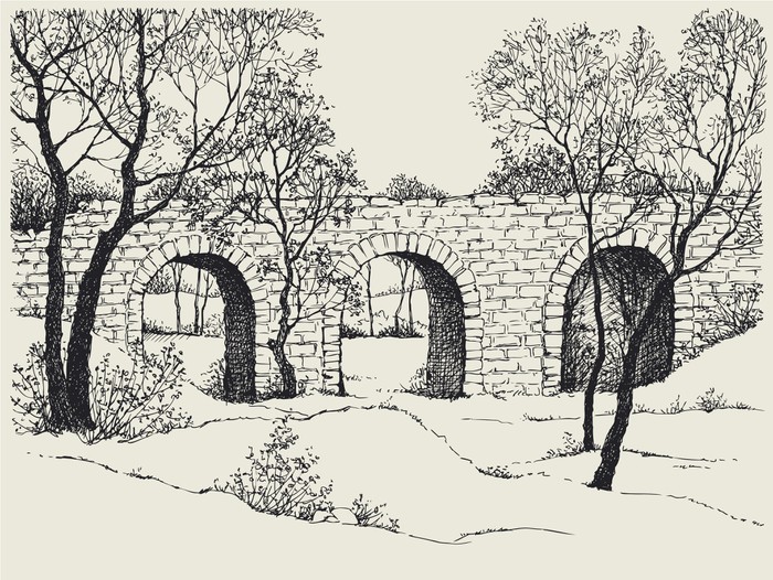 700x526 Landscape Sketch Of An Old Stone Bridge In The Forest Sticker - Stone Bridge Sketch