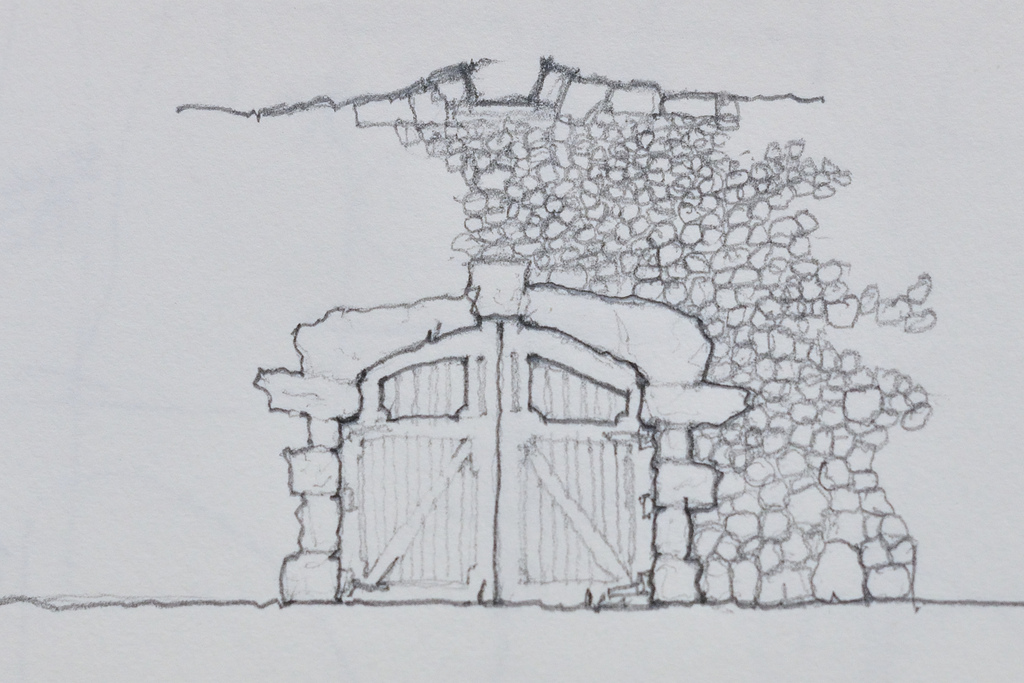 1024x683 Stone Wall And Timber Gate Sketch Williams Partnership - Stone Sketch