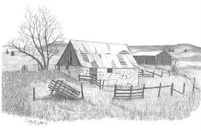 400x261 Old Stonewall Barn Pencil Sketch - Stone Wall Sketch