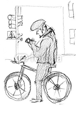 264x400 Pencil Sketch. A Male Cyclist Has Stopped - Stop Light Sketch