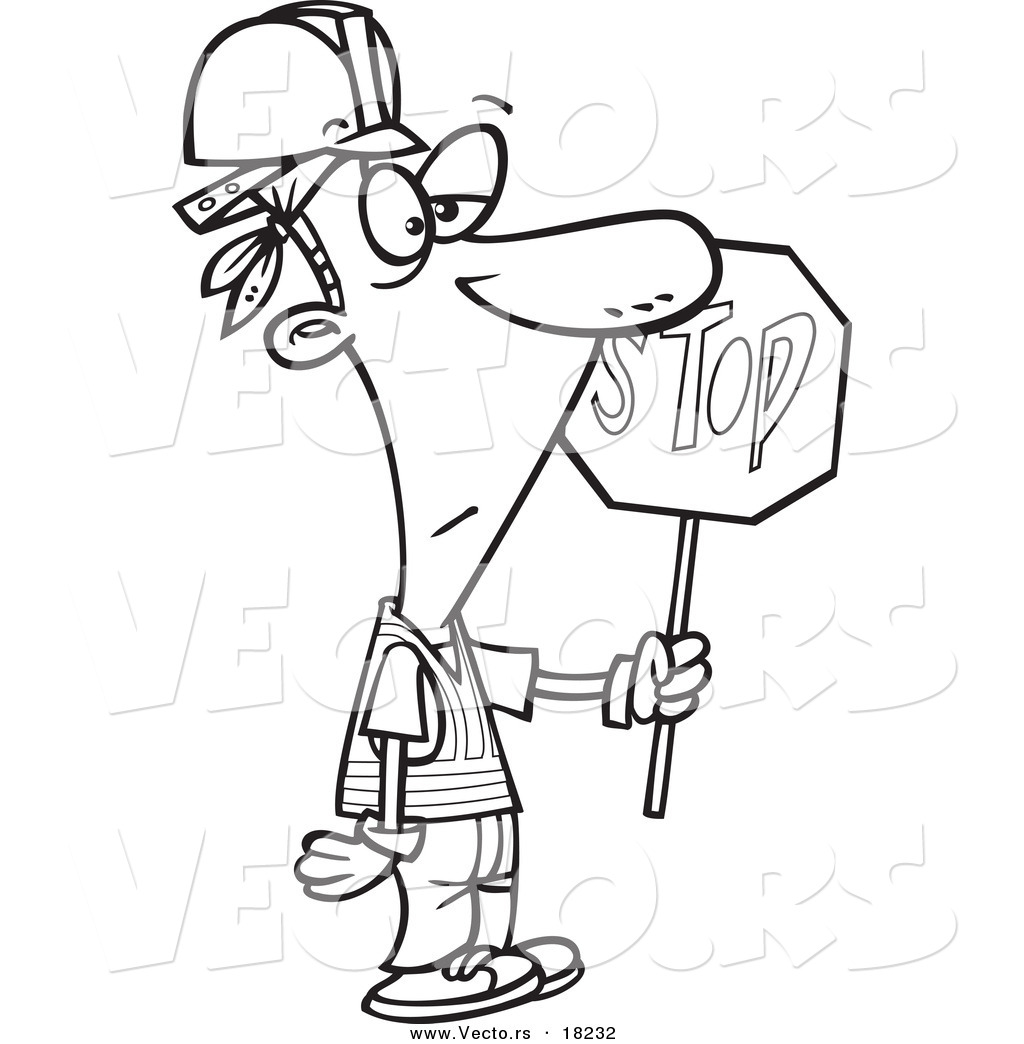 1024x1044 Vector Of A Cartoon Construction Guy Holding A Stop Sign - Stop Sign Sketch