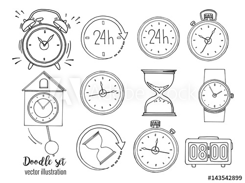 500x375 Set Of Doodle Sketch Watches. Alarm Clocks, Sand Glasses, Stop - Stop Sketch
