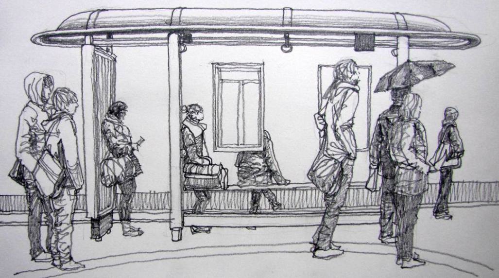 1027x572 One Day Like Bus Stop Very Quick, Sad, Fat Pencil Sketch - Stop Sketch