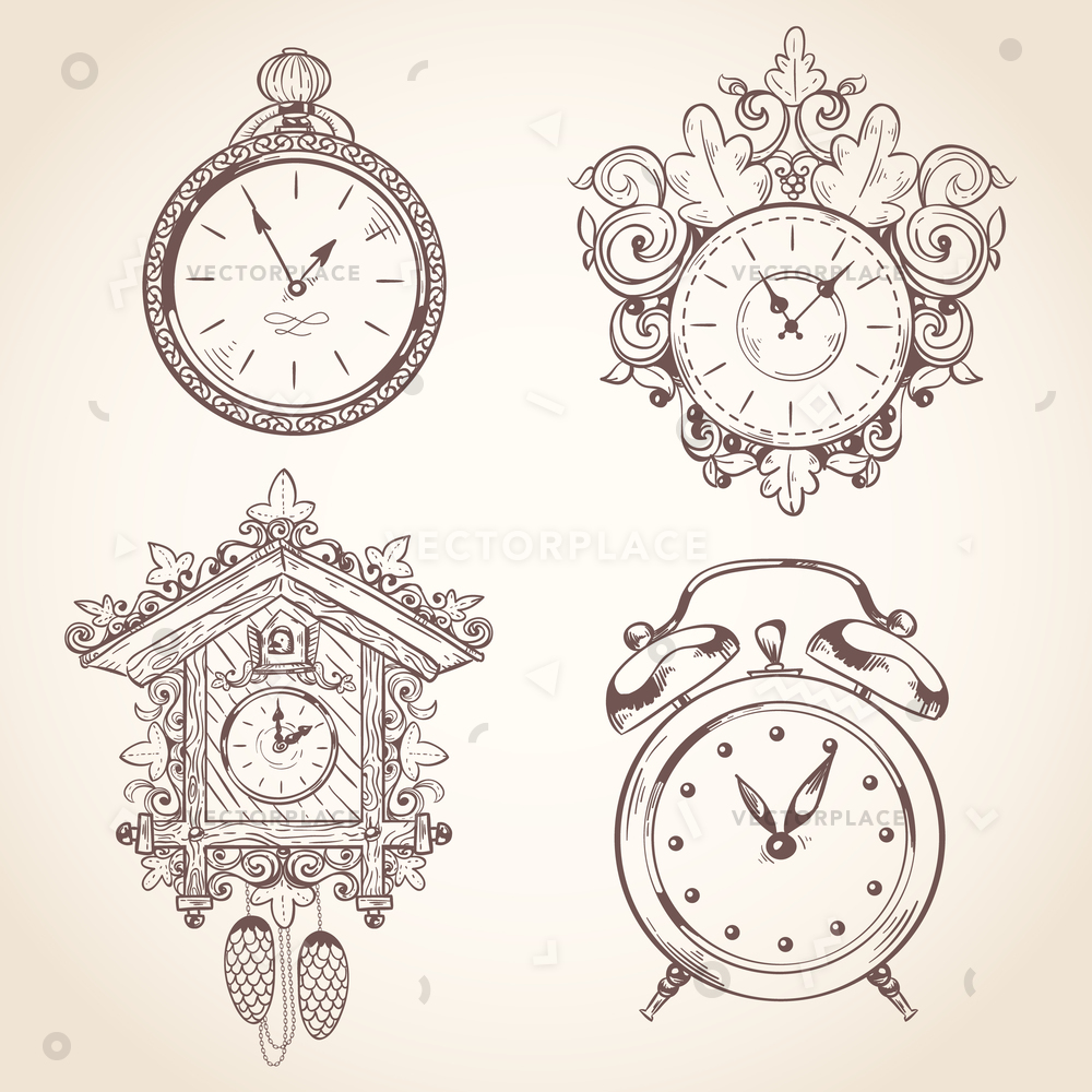 1000x1000 Old Vintage Clock Stopwatch Sketch Set Vector Illustration 17103 - Stopwatch Sketch