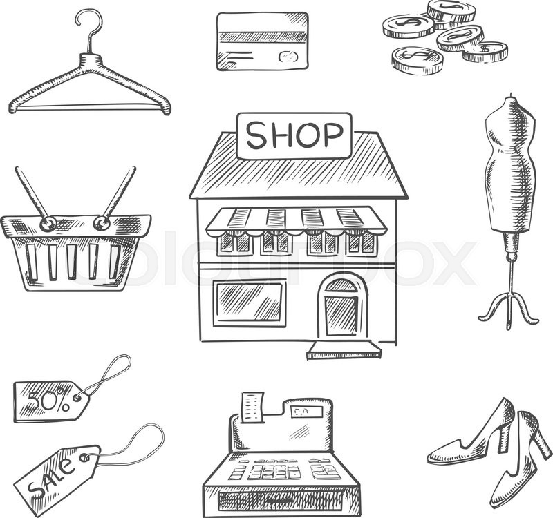 800x750 Sketch Design Elements With A Central Store Front Surrounded By A - Store Sketch