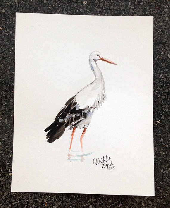570x696 Stork Watercolour Painting Ink Drawing Giclee Print Zen Etsy - Stork Sketch