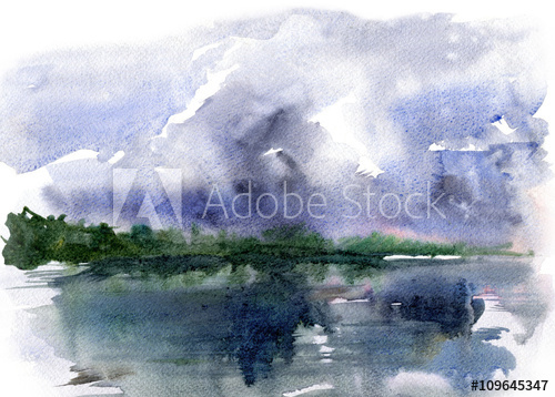 500x358 Lake And Storm Clouds.watercolor Sketch Landscape. - Storm Clouds Sketch