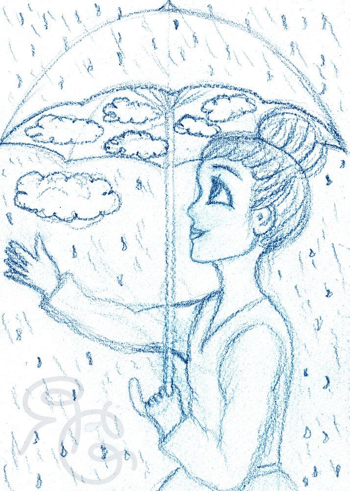 714x1000 Girl With Umbrella, Umbrella Art Print, Umbrella Girl Sketch - Storybook Sketch