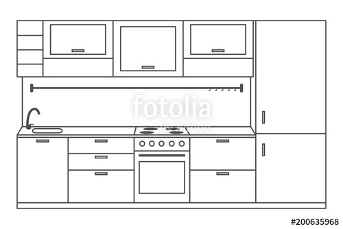 500x334 Kitchen Interior Front View, Linear Sketch. Line Kitchen With - Stove Sketch
