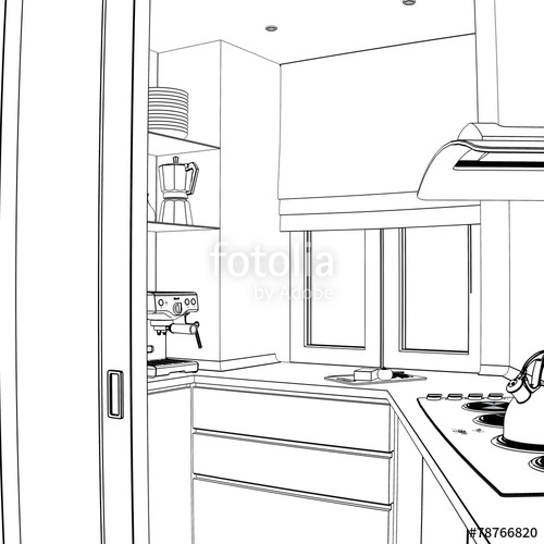 500x500 Sketch Of Perspective Interior. Detail Kitchen Stove. Stock Photo - Stove Sketch