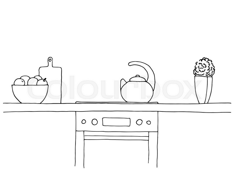 800x600 Sketch Of The Kitchen. Worktop, Stove, Kettle And Other Items - Stove Sketch