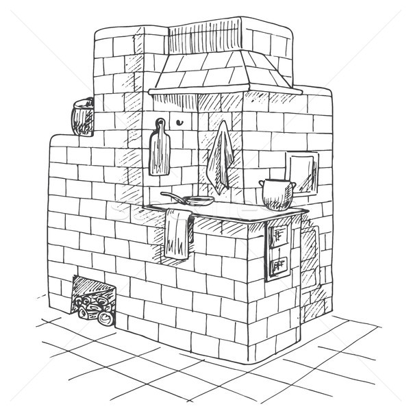 600x600 Tiled Stove In A Corner. Vector Illustration Of A Sketch Style - Stove Sketch