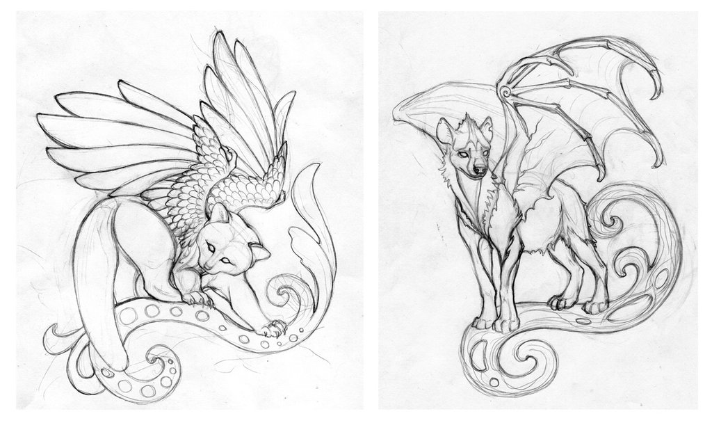 1024x631 Red Panda And Hyena Dragon Sketches By Hontor - Street Art Sketches