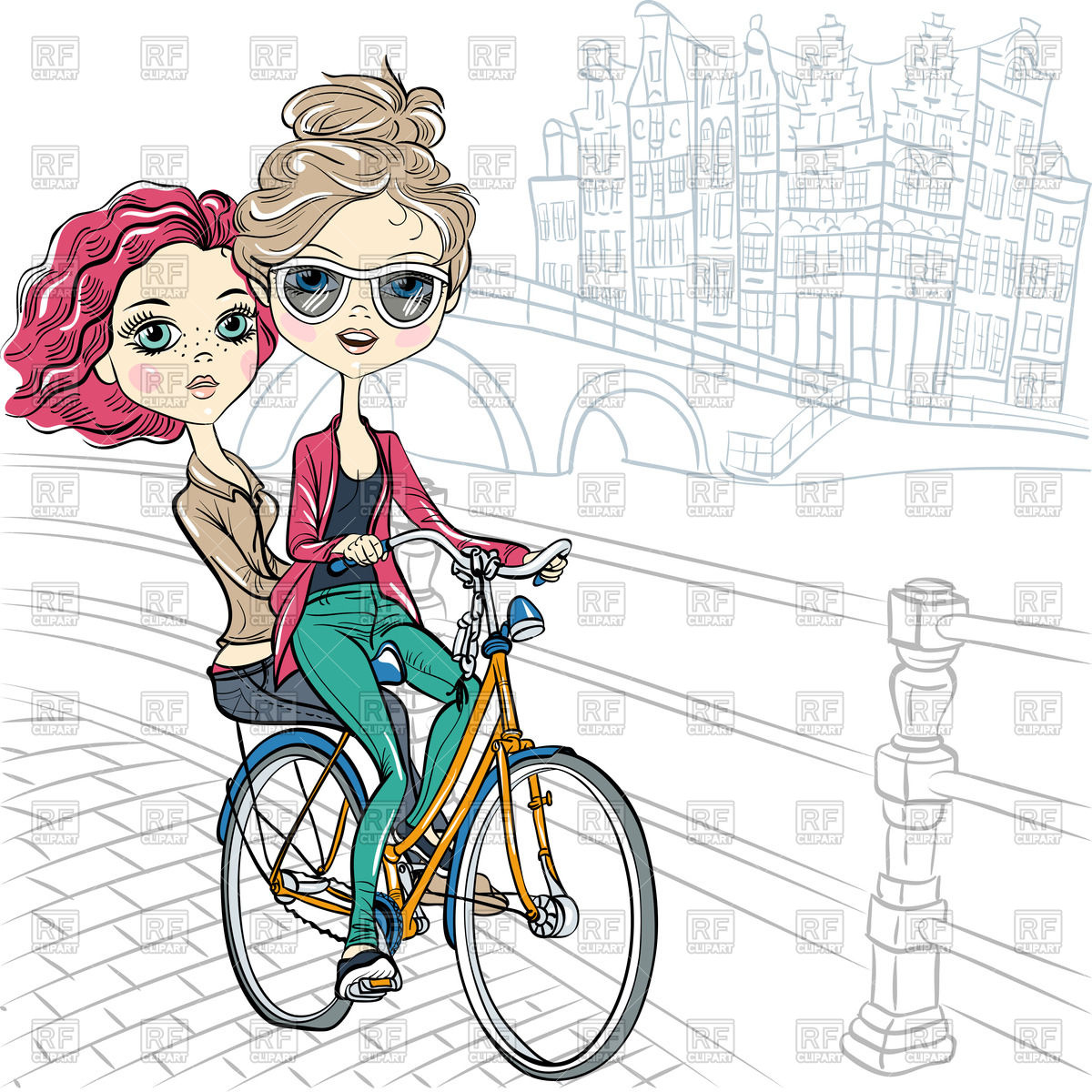 1200x1200 Cute Girls Ride On Bicycle In Amsterdam Street In Sketch Style - Street Bike Sketch
