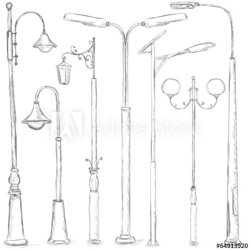 500x500 Vector Set Of Sketch Street Lights - Street Light Sketch