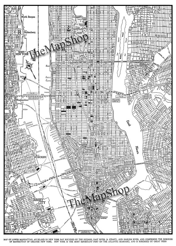 570x798 New York City Map 1944 New York City Manhattan Street Map Vintage - Street Map Sketch