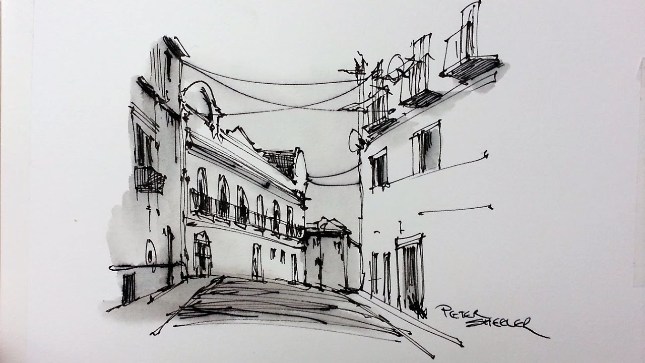 1280x720 Sketching With Different Inks. Street Scene From Lisbon. Quick - Street Scene Sketch
