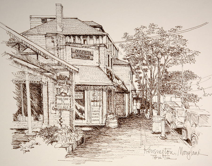 900x705 Street Scene At Kensington Maryland Drawing By Toni Tiu - Street Scene Sketch