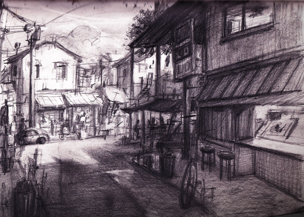1024x731 Street Scene Sketch By Adam Varga - Street Scene Sketch
