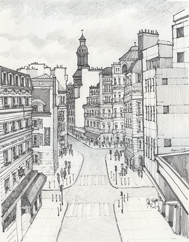 390x500 French Street Scene Drawing By Alyson Therrien - Street Scene Sketch