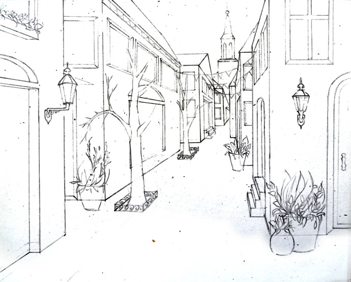 690x554 Single Point Perspective Drawing Of A Street - Street Sketch