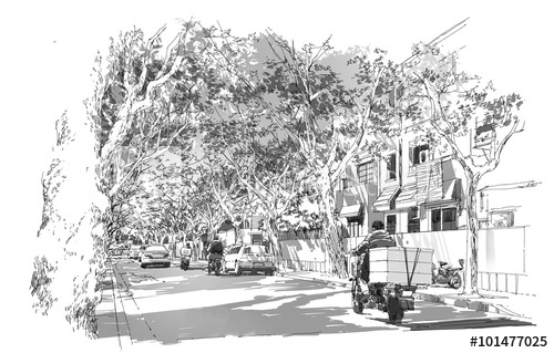 500x319 Sketch Of Street Covered With Arched Tree Branches,french - Street Sketch