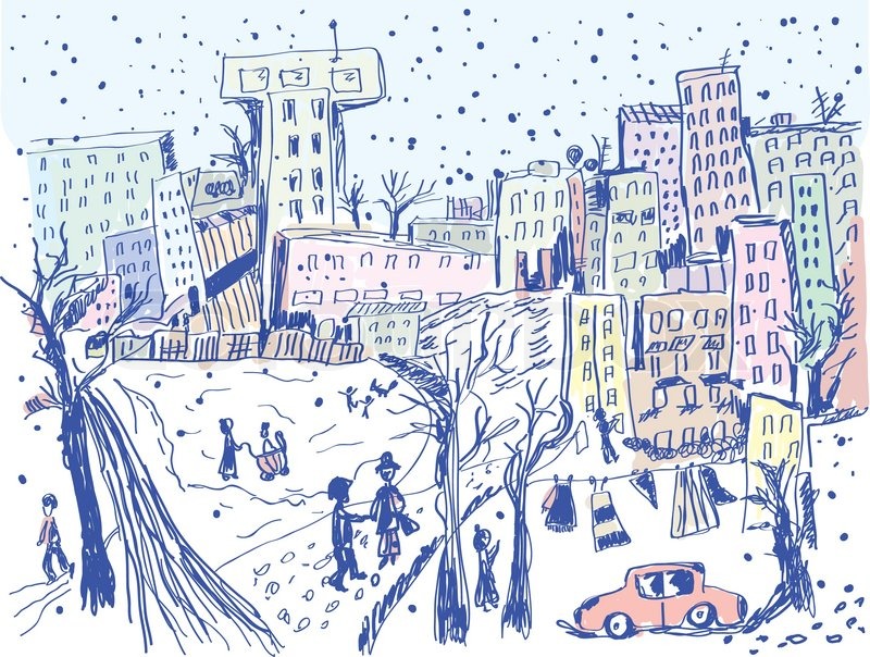 800x604 City Street In Winter - Street Sketch