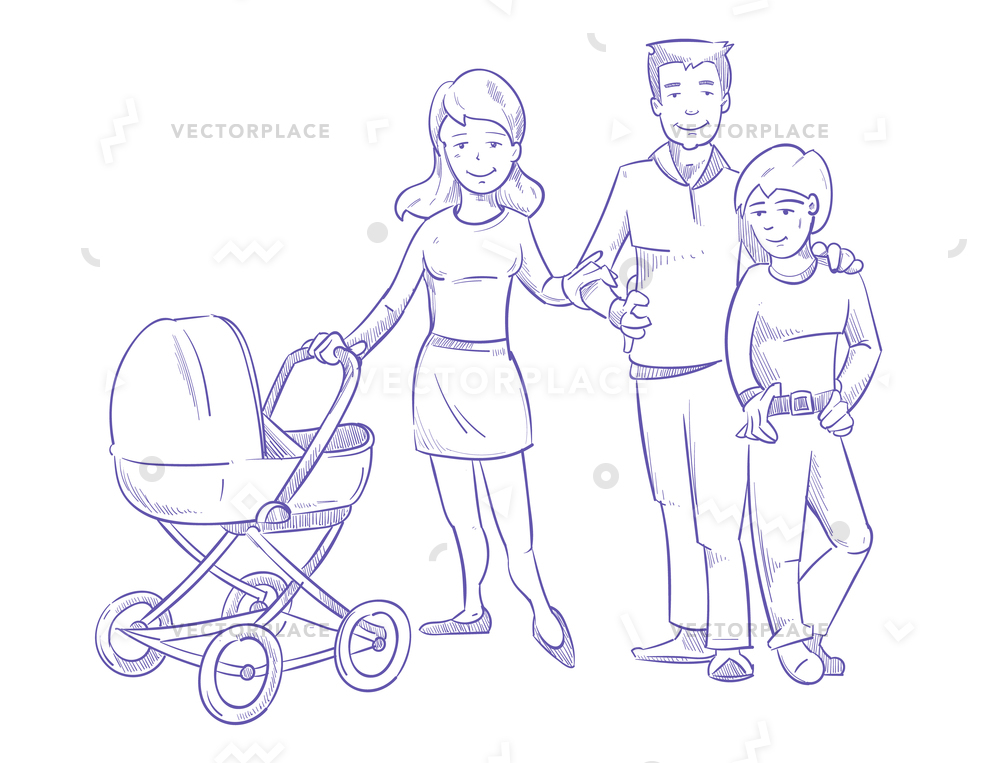 1000x763 Happy Young Family Child Baby Stroller Vector Illustration 13738 - Stroller Sketch